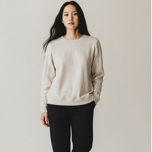 Maison Jules Sweatshirt  Heather Oatmeal Ruffle Lace Medium Cozy Loungewear